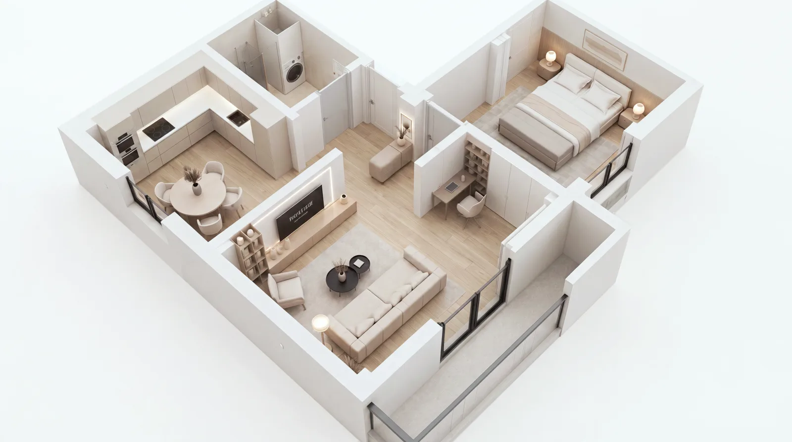 Plan 3D complet AP.01, apartament cu 2 camere